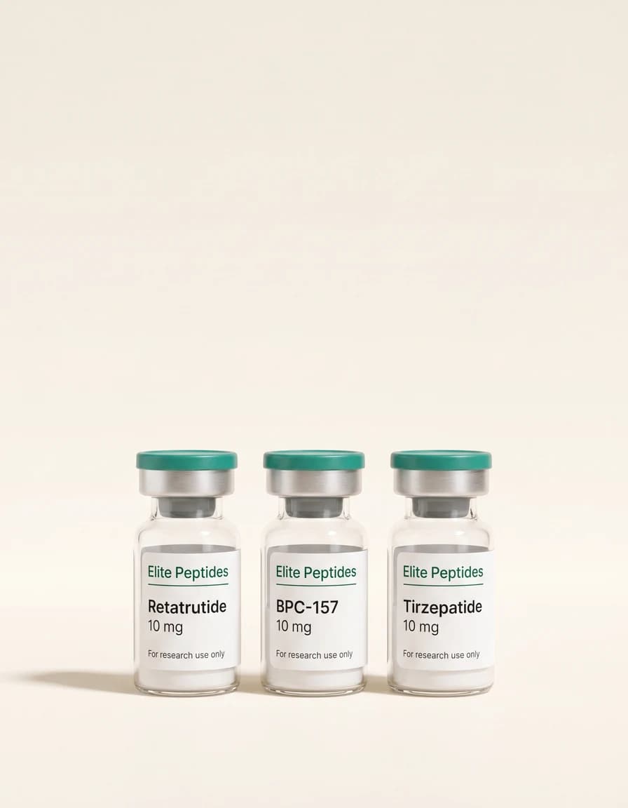 Elite AU Peptides research vials on a seamless studio-white ground